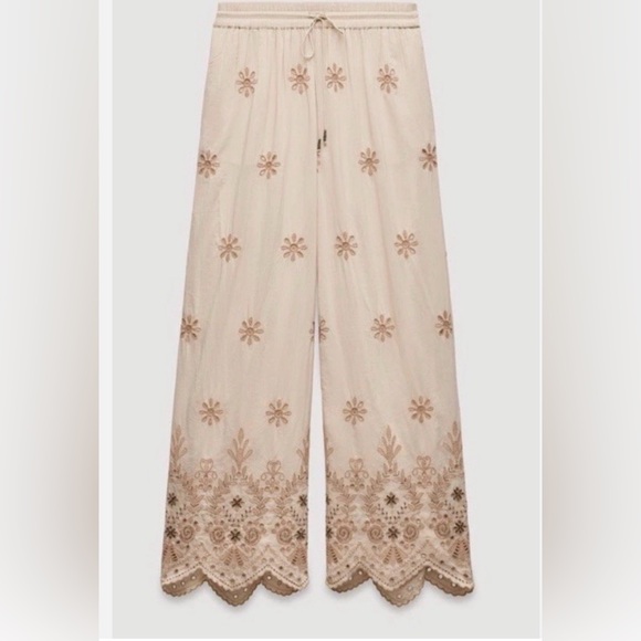 Zara Embroidered Floral Wide-Leg Pants Boho Scalloped Hem S - Picture 13 of 13